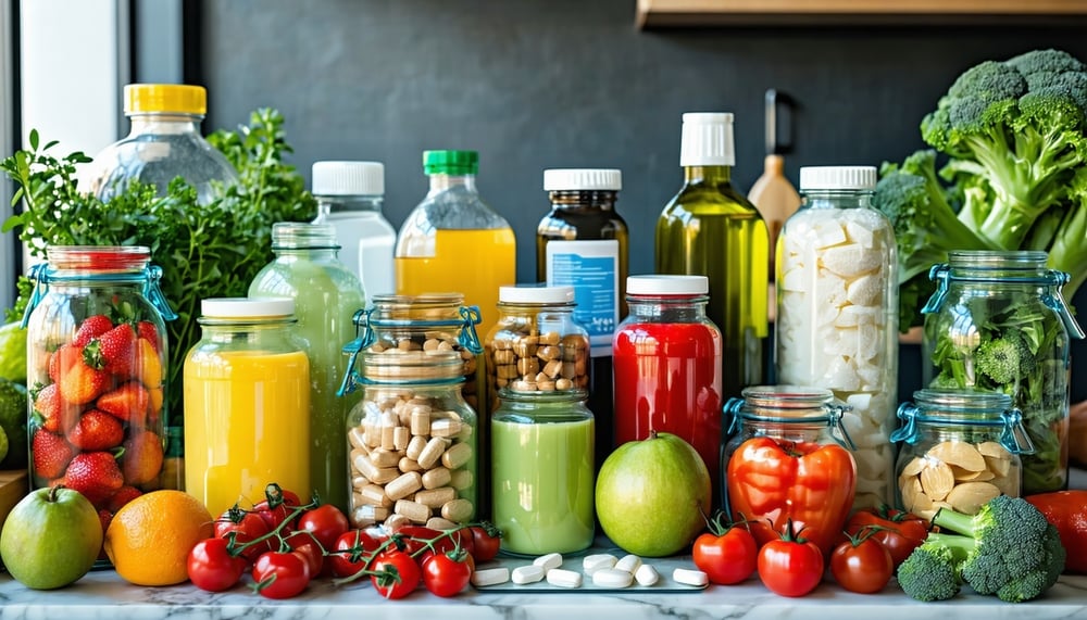 A vibrant assortment of healthy foods and supplements arranged on a kitchen counter