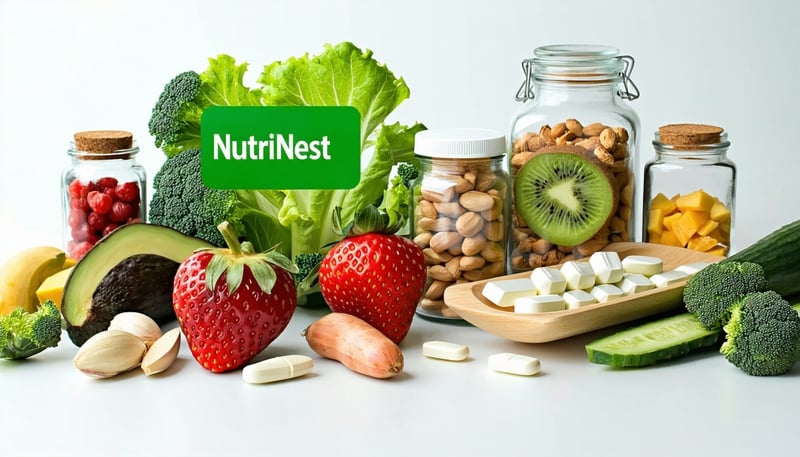 NutriNest logo with healthy foods and supplements